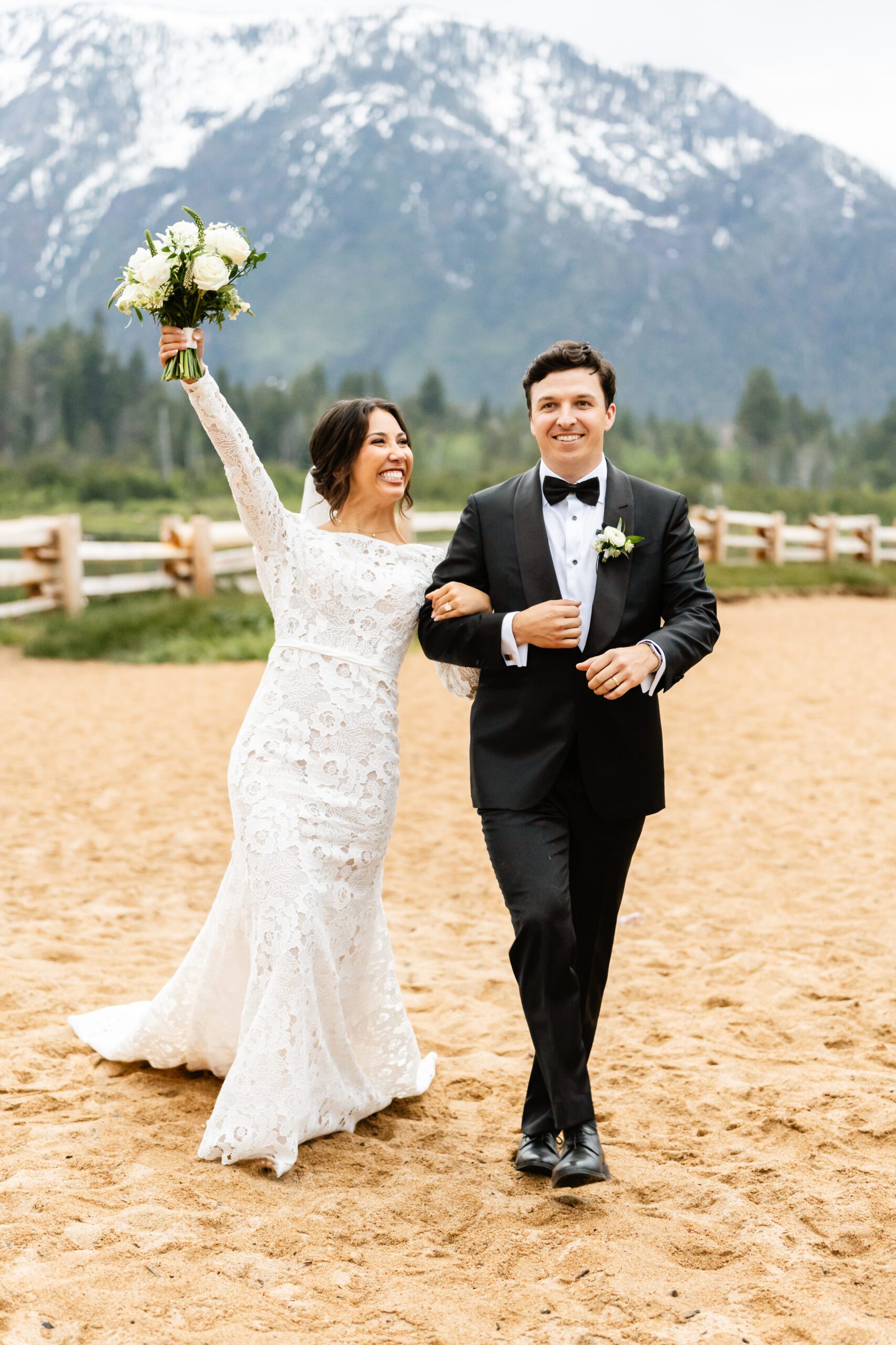 Bride and groom elopement in lake tahoe on the beach