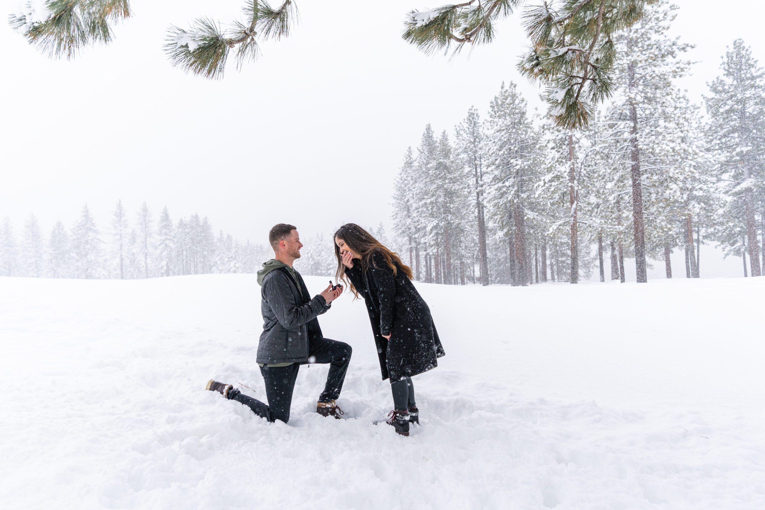 man proposing in the snow with trees in the background